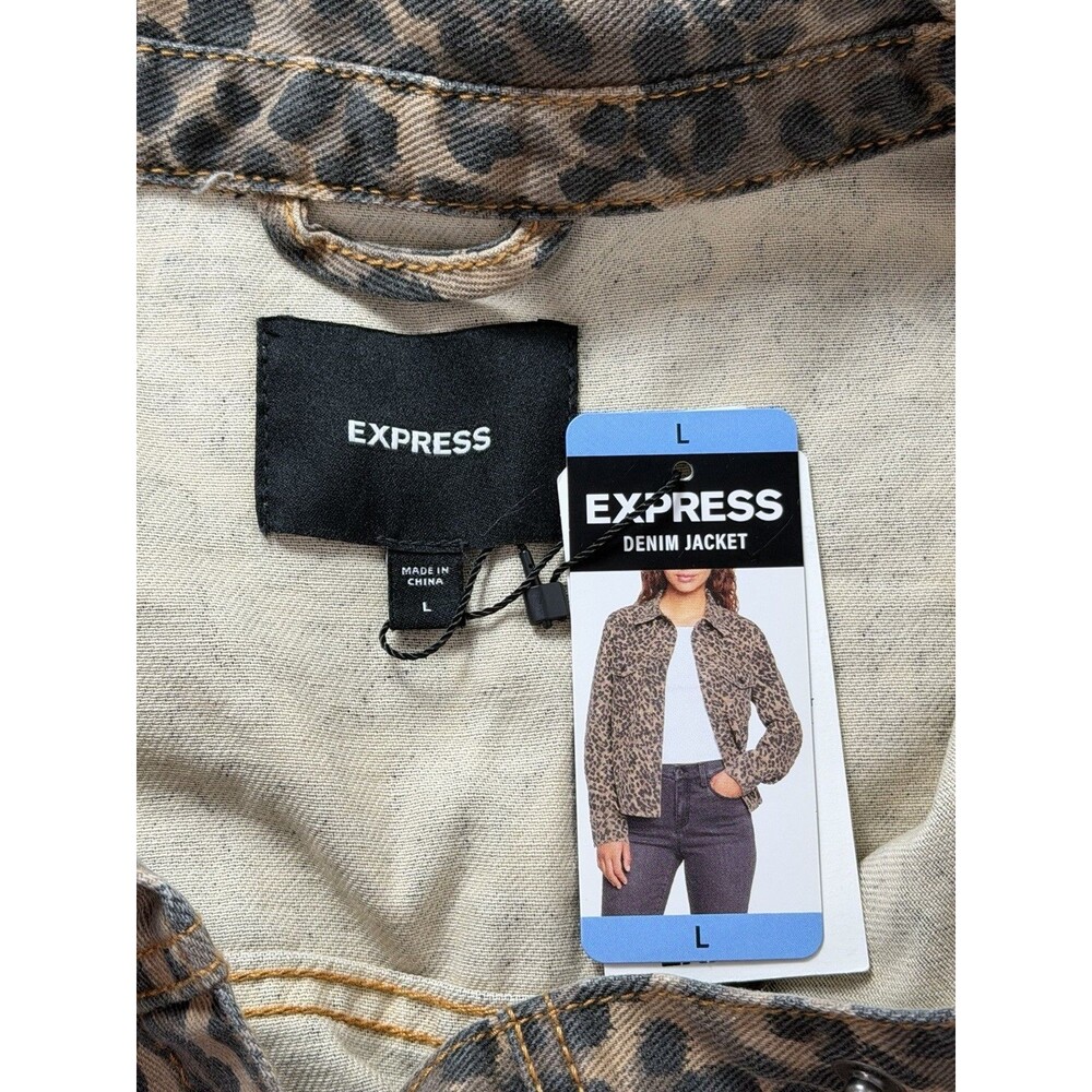 Express Women’s Denim Jacket Size Large Leopard Print Brown Black NWT Cotton - Picture 2 of 12